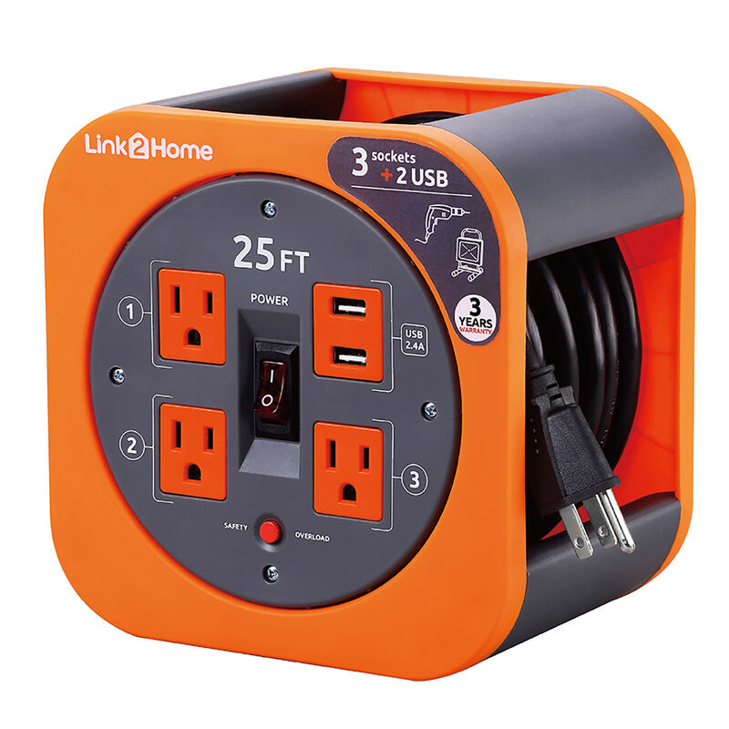 Link2Home Cord Reel 25' Extension Cord with 3 Power Outlets and 2 USB Ports image number 1