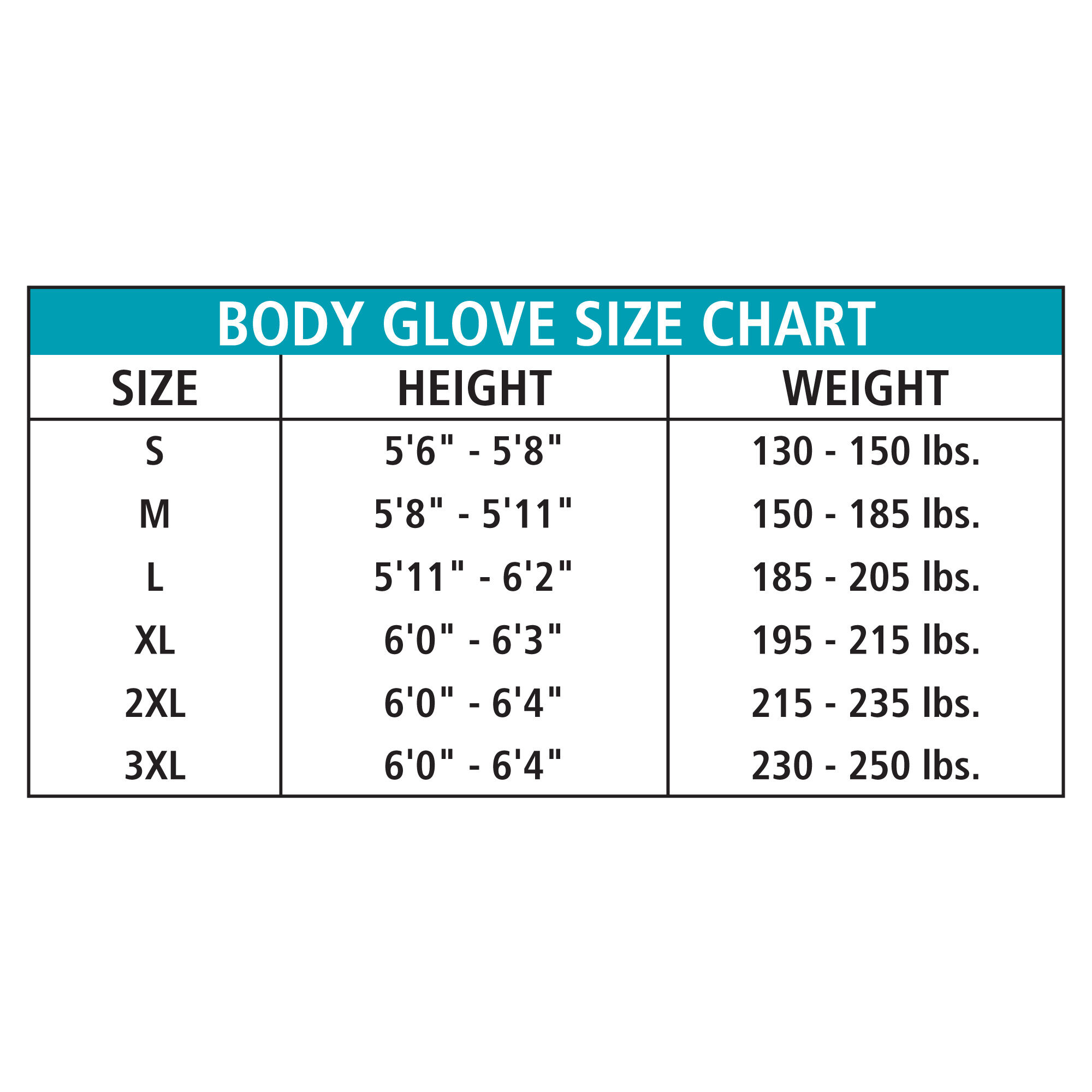 Body Glove Size Chart