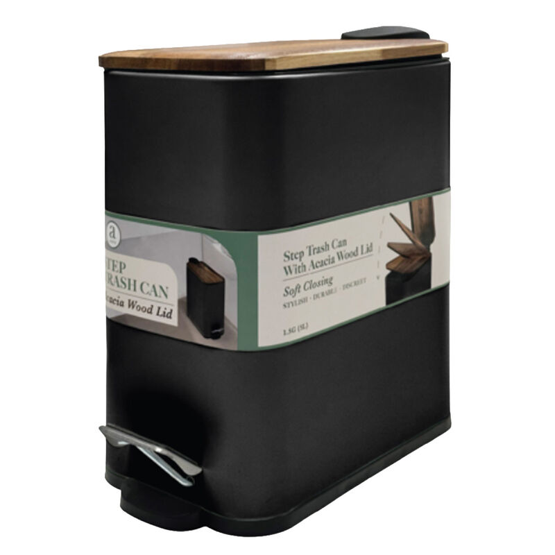 Aura Rectangle Trash Can with Acacia Top in Black