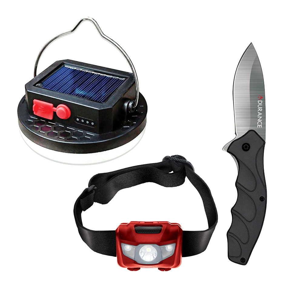 Adurance 3-Piece Camping Set, Lantern, Head Lamp, Pocket Knife