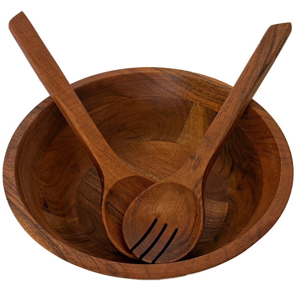 Acacia Wood 9 Inch Salad Bowl with 2 Salad Servers