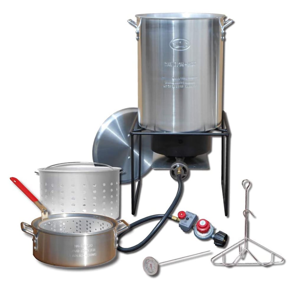 Portable Propane Outdoor Cooker Package with Two Aluminum Pots in Brown