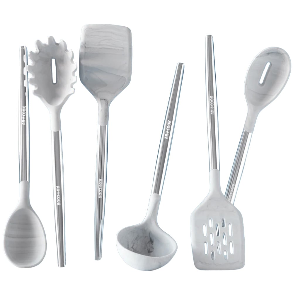 6 Piece Silicone Utensil Set, White Marble