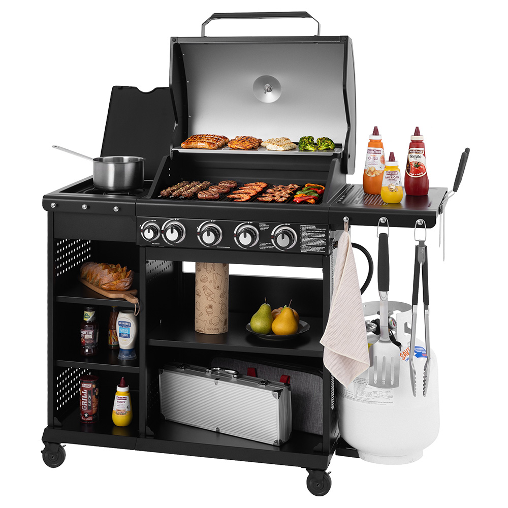 OK4002T 4 Burner Gas Grill with Side Burner and Storage Shelves