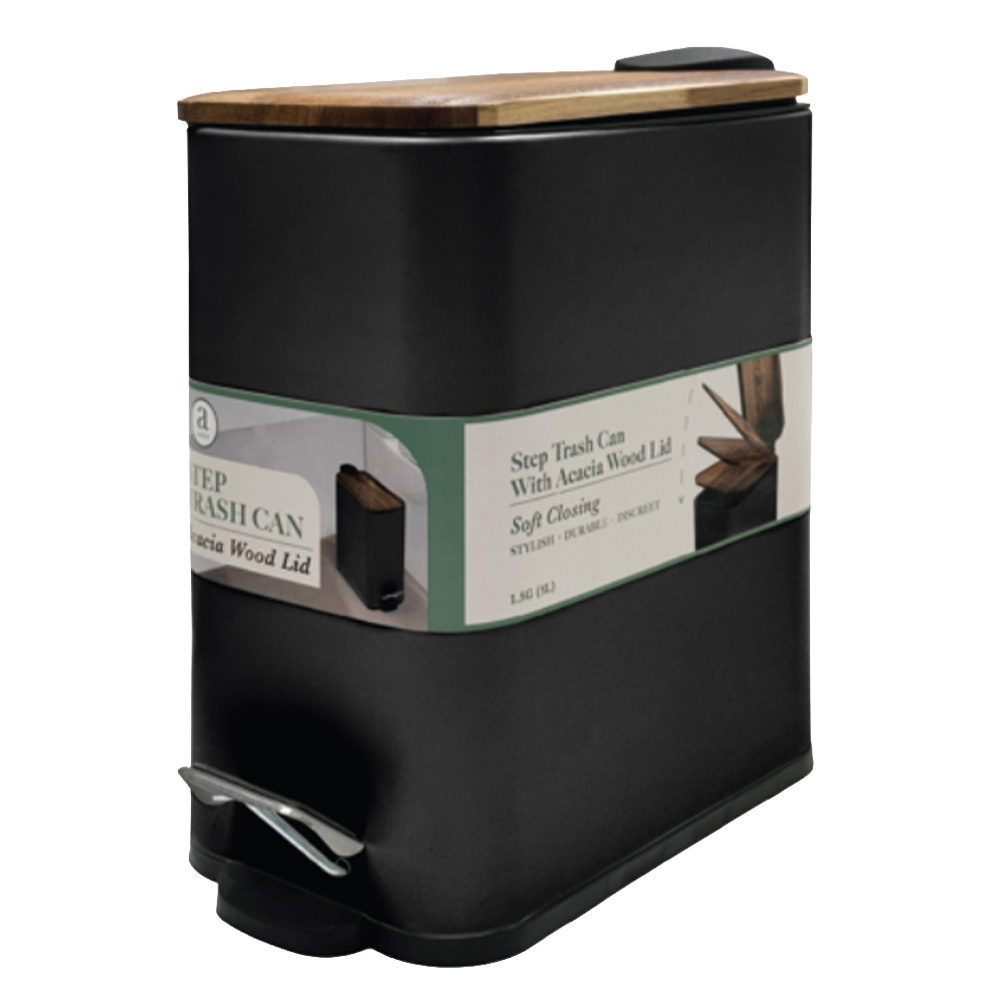 Aura Rectangle Trash Can with Acacia Top in Black